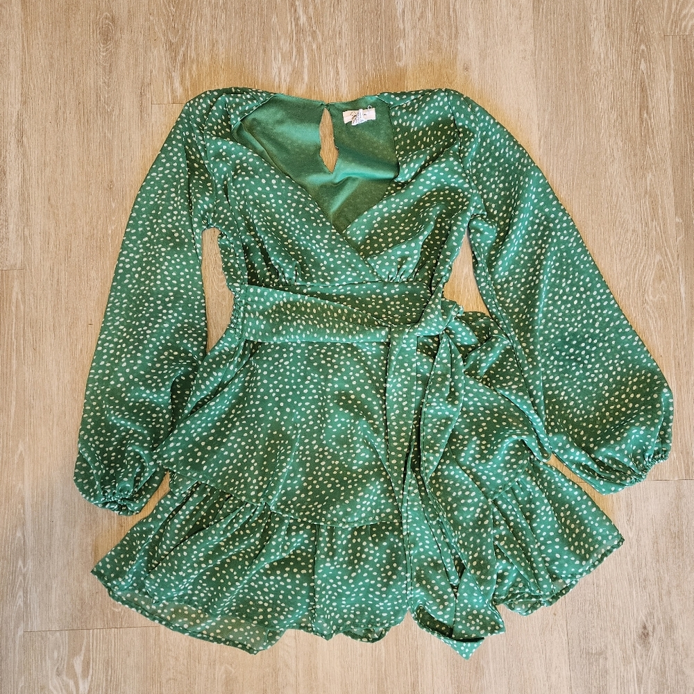 Japna Mini Dress Green Polka Dot Wrap V-Neck Ruffles Long-Sleeve Women's Size S